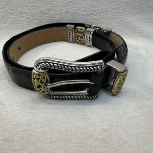 Women’s Brighton 4C400 Black/brown Leather Belt M/30 1” Gold/Silver Buckle *flaw